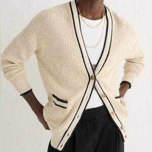 J. Crew Tipped V-Neck Cotton Cardigan Sweater Cream & Black M